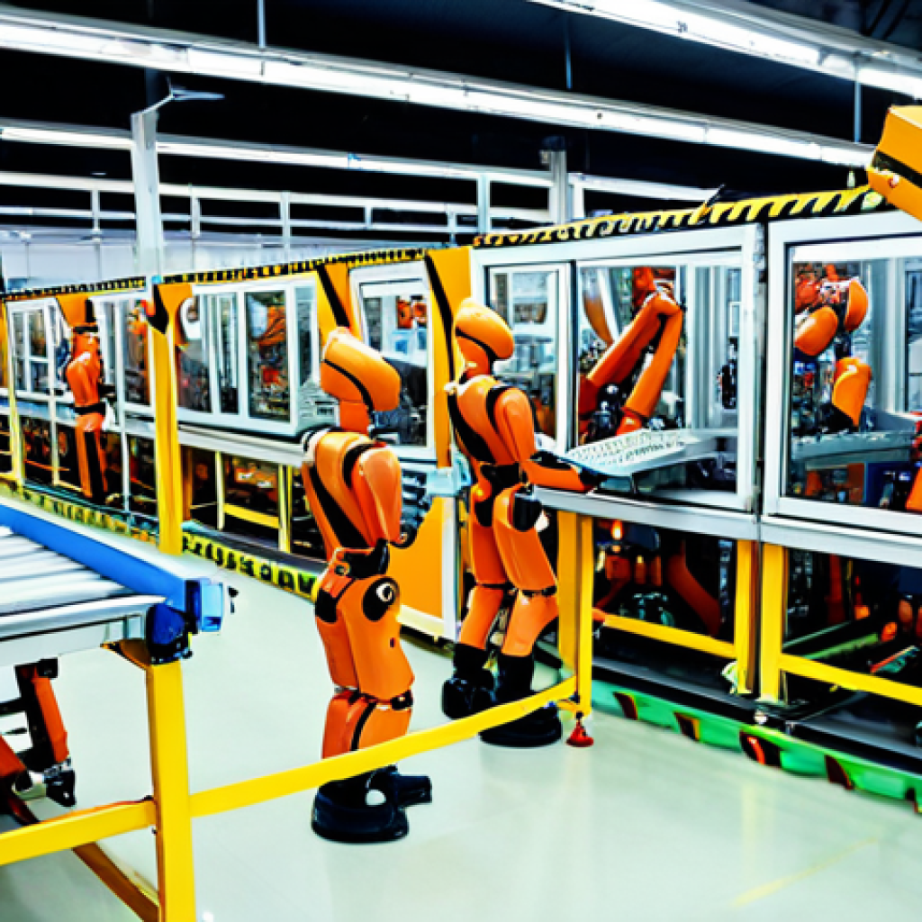 **Image Prompt:** A modern, bright factory floor in Johor, Malaysia. Robots are efficiently assembling products alongside skilled Malaysian workers operating advanced machinery. The scene emphasizes automation and a safe, collaborative work environment. Include signage in Malay.