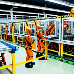 **Image Prompt:** A modern, bright factory floor in Johor, Malaysia. Robots are efficiently assembling products alongside skilled Malaysian workers operating advanced machinery. The scene emphasizes automation and a safe, collaborative work environment. Include signage in Malay.