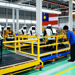 **Image Prompt:** A modern Malaysian factory floor with advanced automation and robotics systems. Robots are assembling products efficiently, with a few human workers overseeing operations. In the background, a Malaysian flag is subtly visible. Convey a sense of technological advancement and productivity.