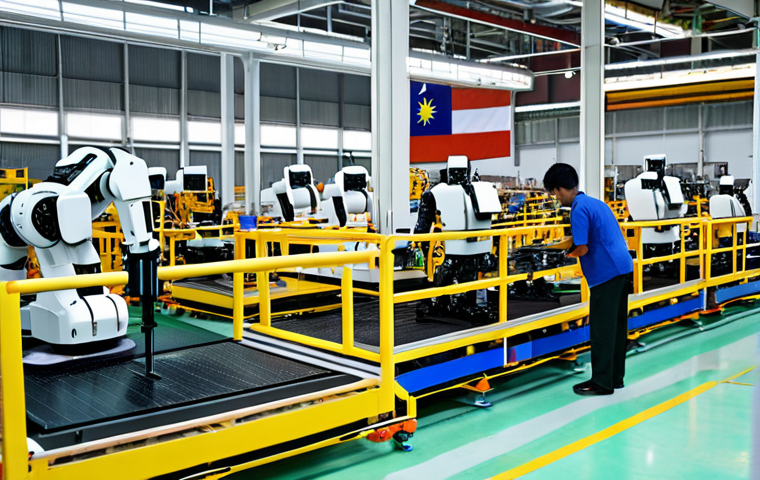 **Image Prompt:** A modern Malaysian factory floor with advanced automation and robotics systems. Robots are assembling products efficiently, with a few human workers overseeing operations. In the background, a Malaysian flag is subtly visible. Convey a sense of technological advancement and productivity.